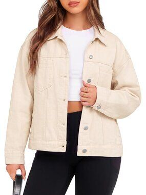 Women's White Oversized Jean Jacket Casual Long Sleeve Button Down Denim Jacket